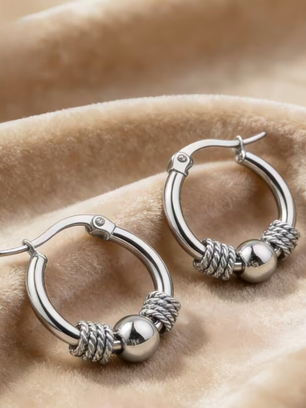 NWT 316L Stainless Steel Hypoallergenic Hoop Earrings Bali Twisted Rope Bead